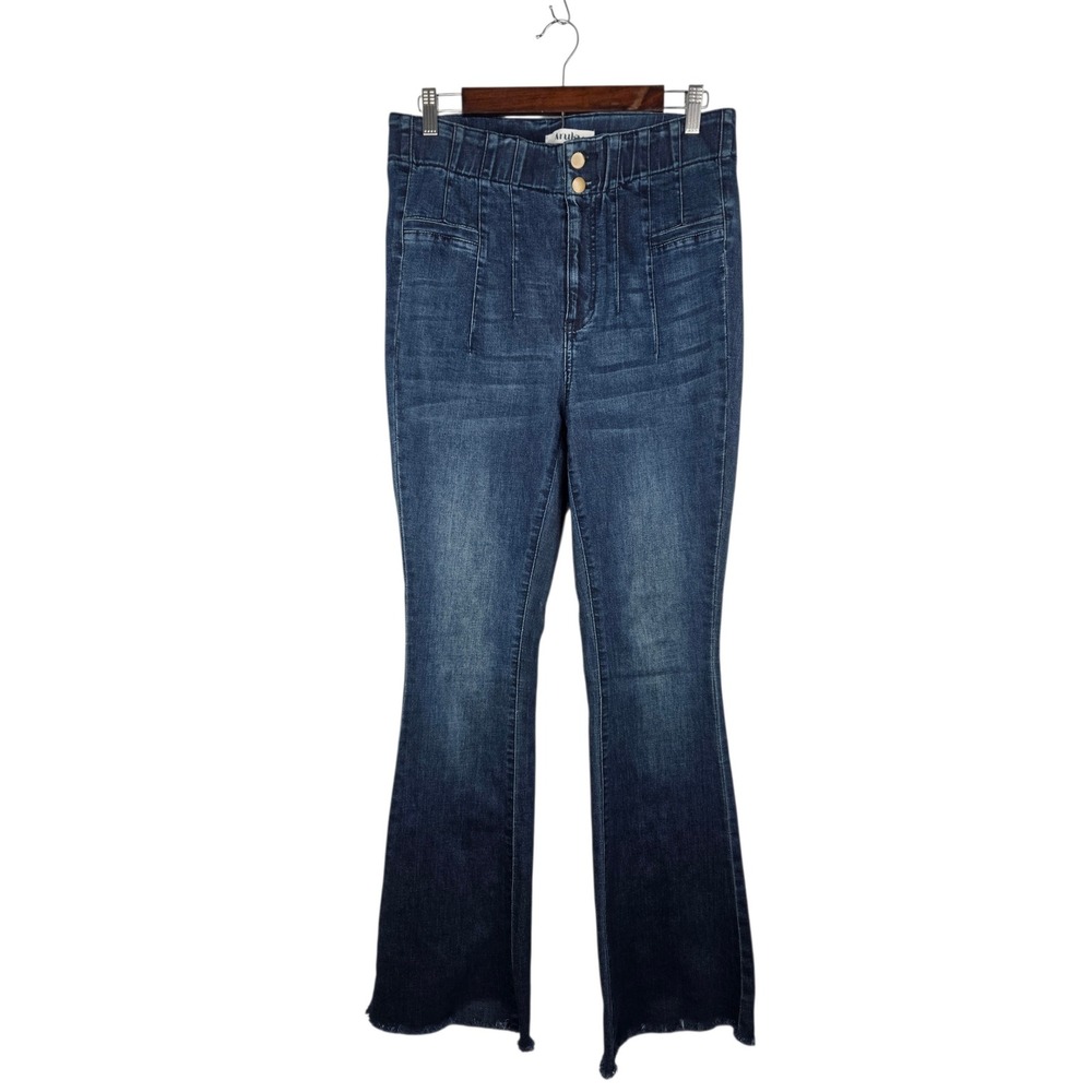 Arula Flare Jeans Womens 10 Blue Cotton Blend Boho High Rise Raw Hem Dark Wash